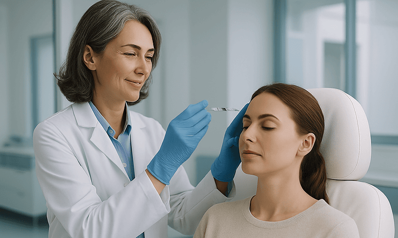 Doctor administering Botox injection to young woman in clinic setting.