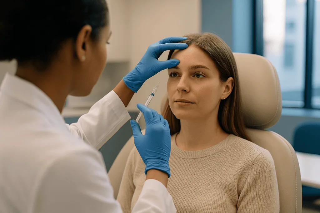 Dermatologist examining patient's forehead with syringe: Baby Botox vs. regular Botox: what actually differs