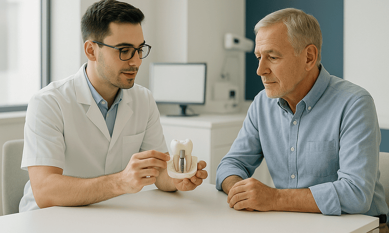Doctor explaining Baclofen pump to patient in a medical consultation.