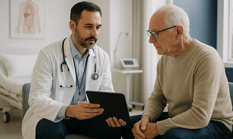 Doctor consulting with elderly patient in hospital room.
