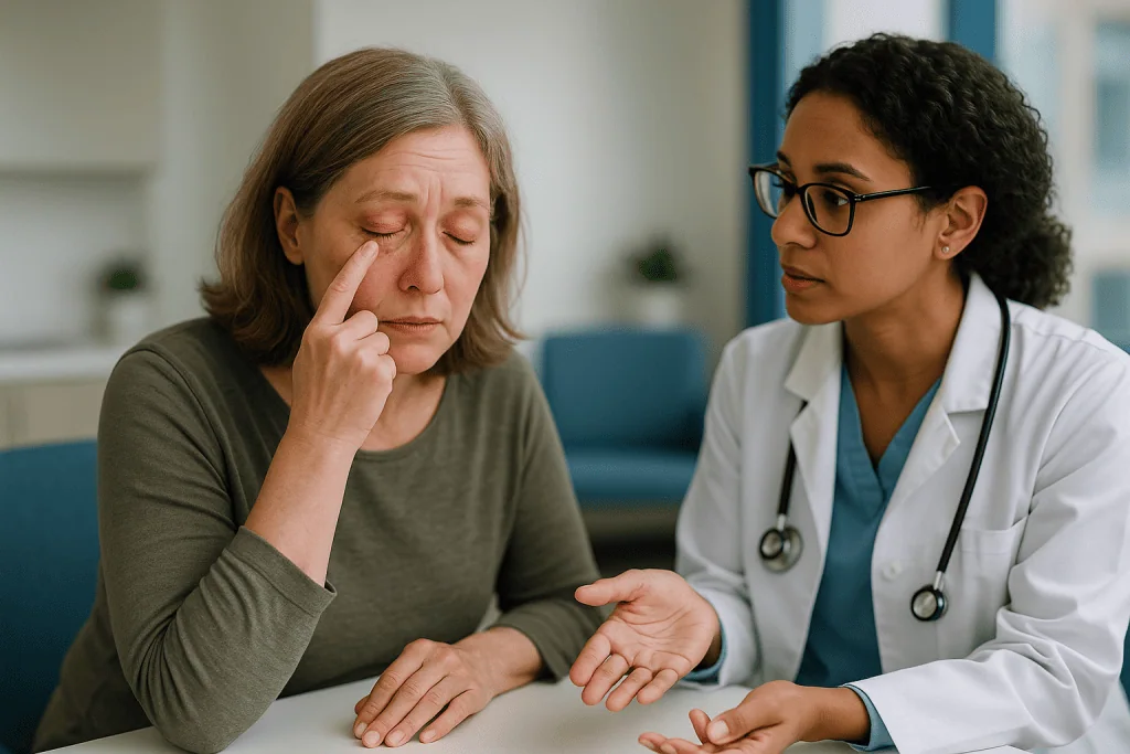 Doctor consulting with patient about health concern: Bacterial pink eye: thick discharge and stuck-shut lids
