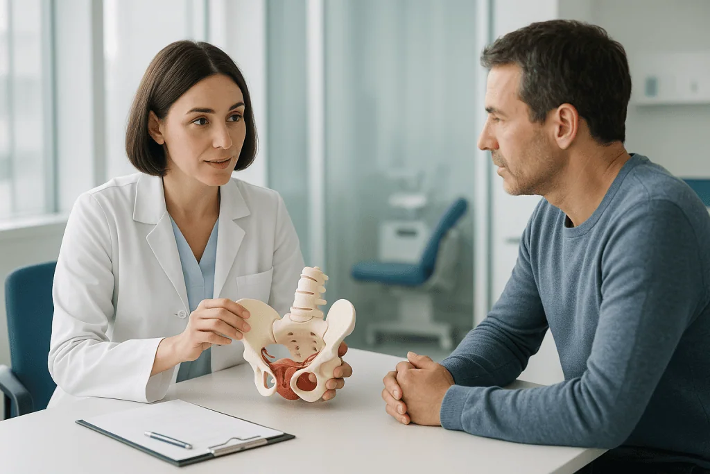 Bacterial Vaginosis 1 Doctor explaining pelvic anatomy to a patient in a medical consultation.