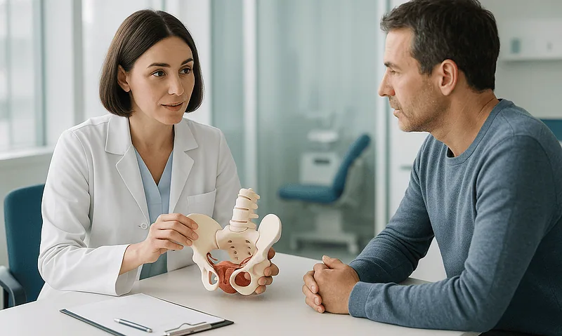 Doctor explaining pelvic anatomy to a patient in a medical consultation.