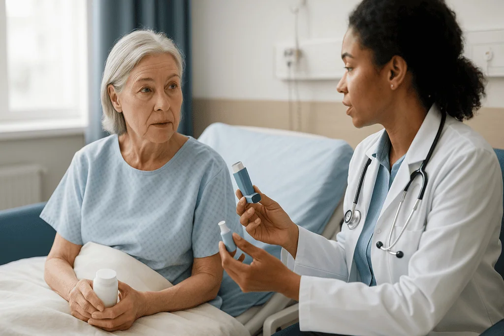 Doctor consulting senior patient with inhalers in hospital room: Bacterial vs viral pneumonia treatment at a glance