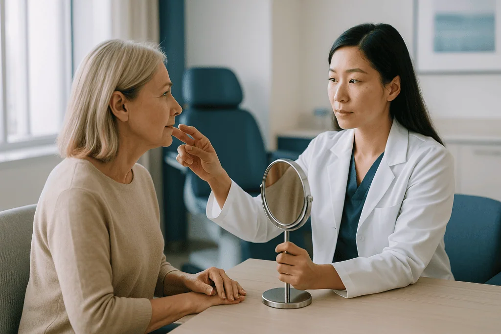 Doctor examining patient's face with handheld mirror: Balance rather than change: how natural looking facial surgery results