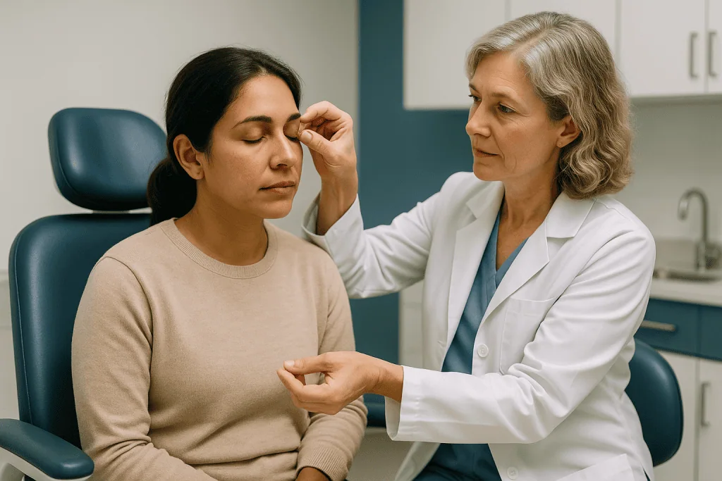 Ophthalmologist examining patient's eye during clinical consultation: Bandage lens removal: what happens around day three to
