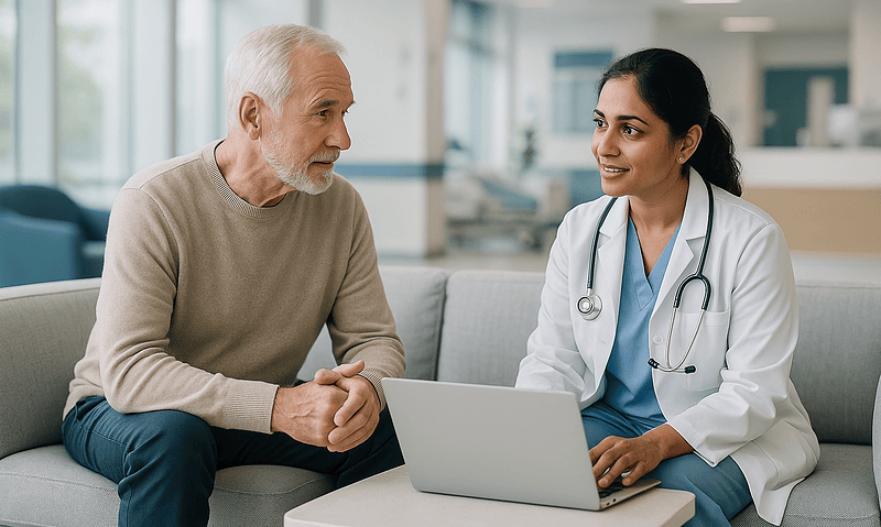 Doctor consulting with elderly patient in hospital setting.