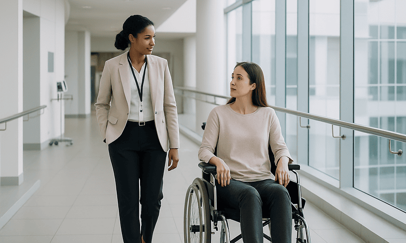 Female patient in wheelchair talking with healthcare professional in hospital corridor.