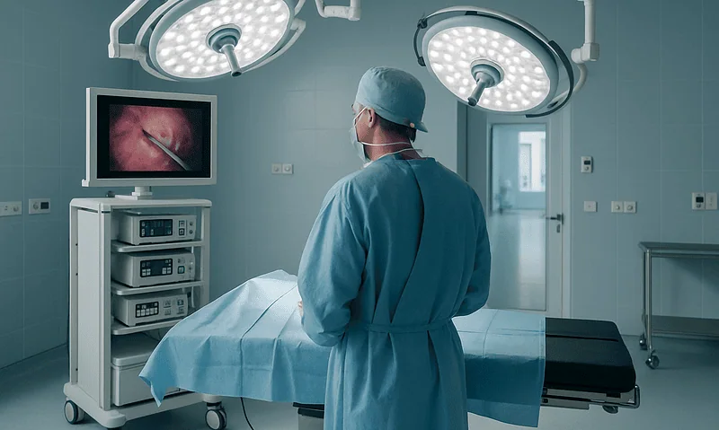 Surgeon preparing for bariatric surgery in a modern operating room.