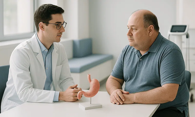 Doctor explaining gastric sleeve procedure to patient in consultation room.