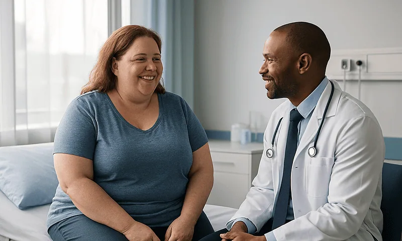 Patient and doctor having a friendly conversation in hospital room.