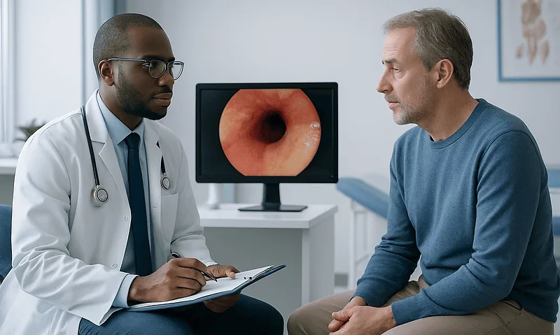 Gastroenterologist discussing Barrett's Esophagus with patient in clinic.
