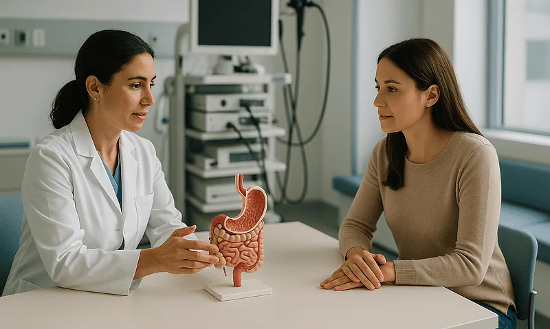 Doctor explaining stomach anatomy to patient in a medical consultation.