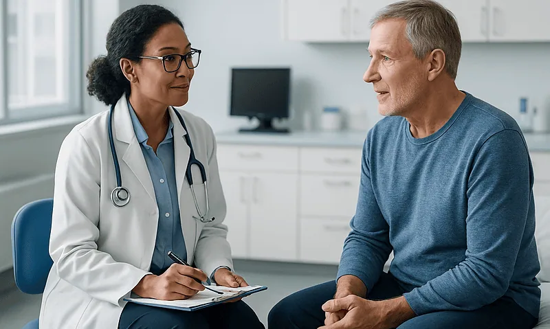 Doctor consulting with male patient in a medical office.