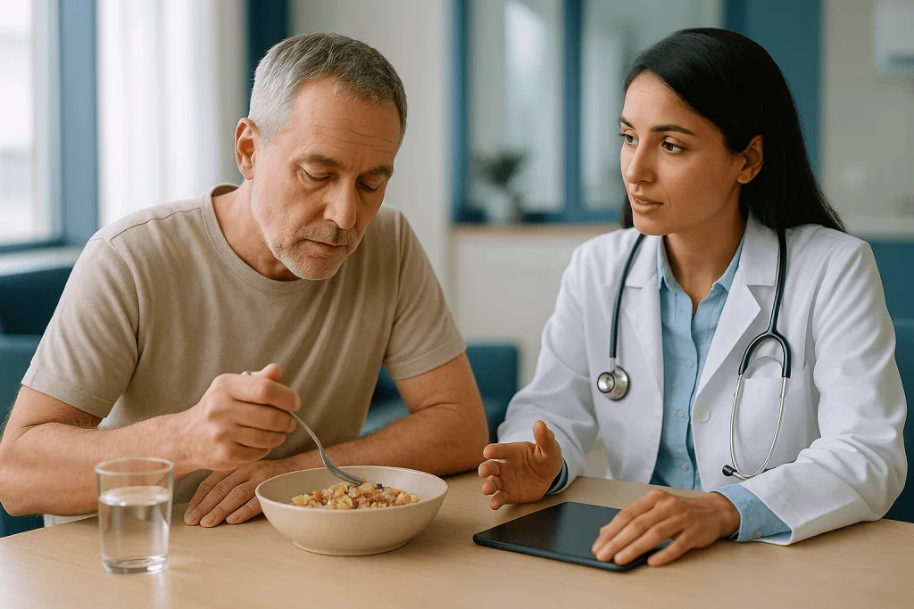 Doctor consulting patient about diet and nutrition: Barrett's esophagus diet after ablation: the step-by-step progression