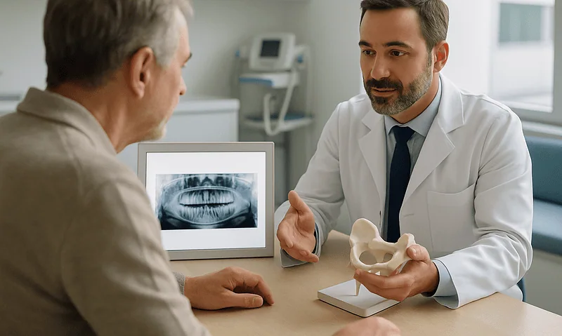 Urologist discussing treatment options with patient in a clinic setting.