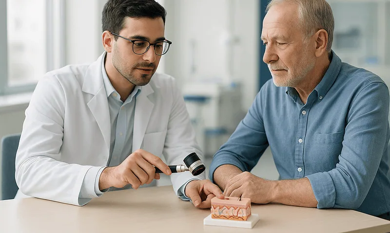 Dermatologist examines skin lesion model with senior patient in clinic setting.