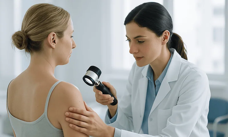 Dermatologist examining a patient's skin with a dermatoscope in a clinical setting.