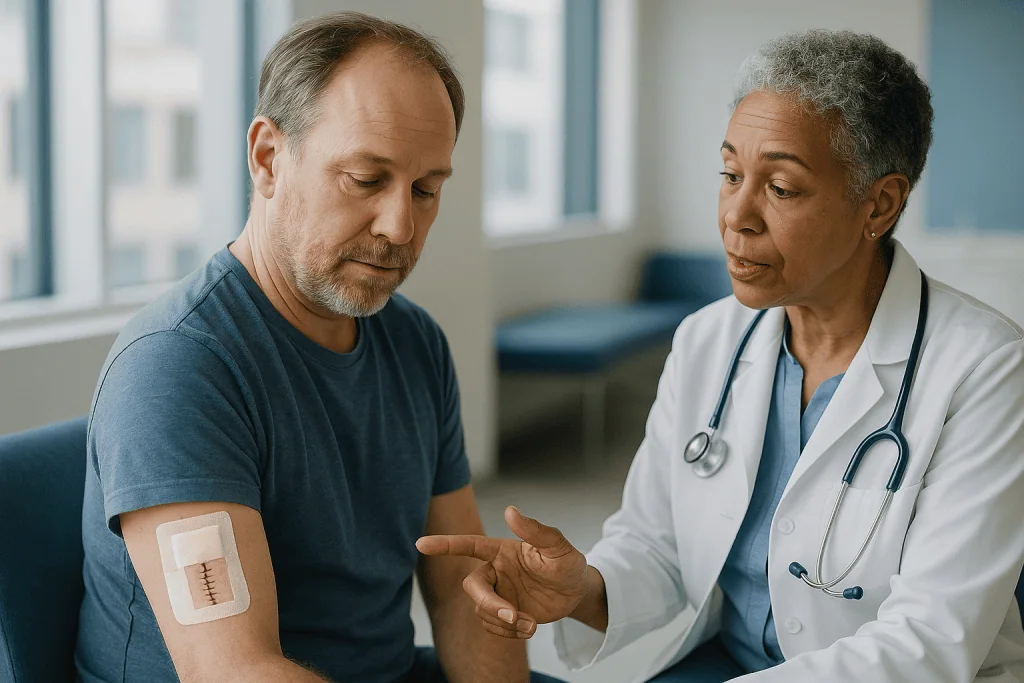 Doctor examining patient's arm bandage in clinical setting: Basal cell carcinoma surgery healing time: the honest overview