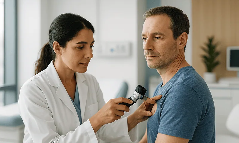 Doctor examining patient's skin with dermatoscope in clinic.