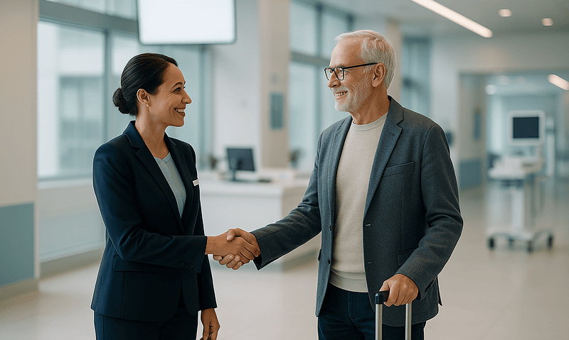 Hospital staff greeting a senior patient with a handshake in a modern hospital lobby.