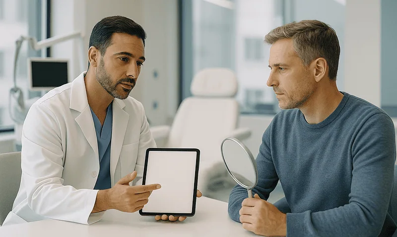 Doctor explaining medical options to a patient in a clinic setting.