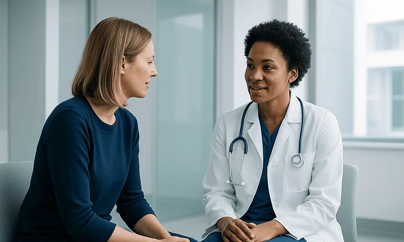Doctor consulting with a female patient in a modern clinic setting.