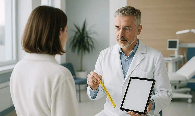 Doctor consulting with patient in a medical clinic with tablet and measuring tape.
