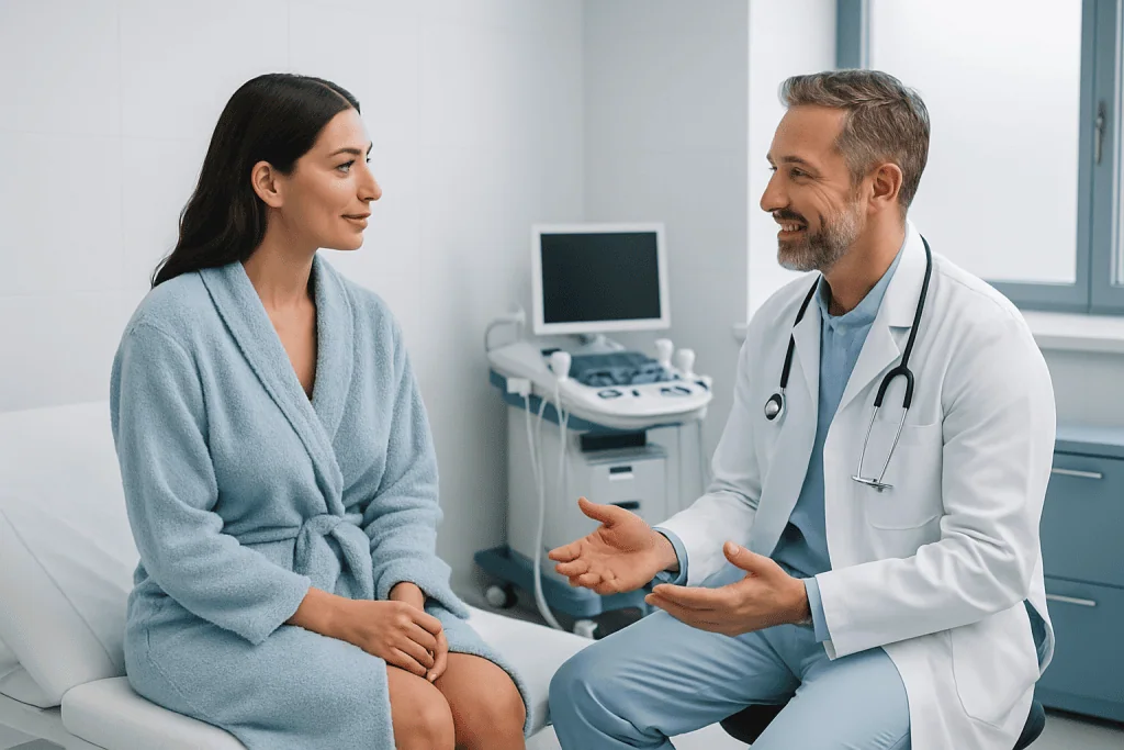 BBL & Lipofilling 1 Doctor consulting with a patient in a hospital room.