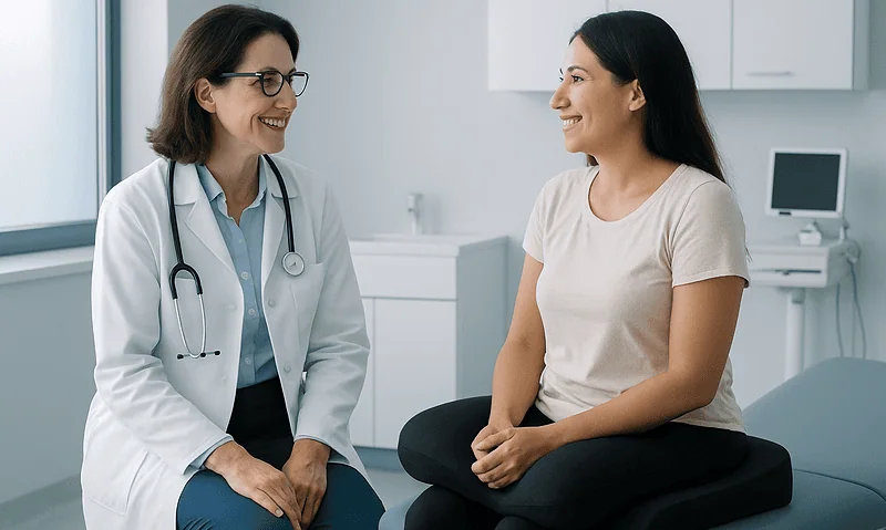 Doctor consulting with patient in a modern medical office.