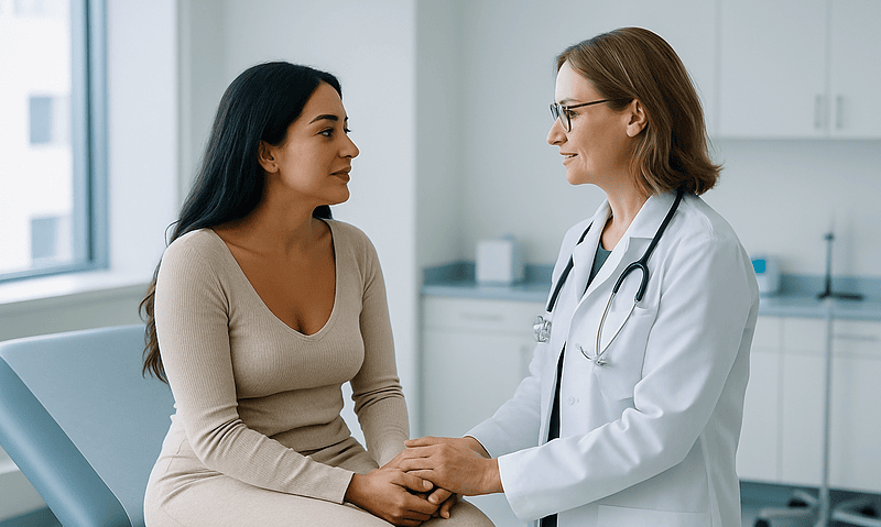 Doctor consulting with patient in a medical office setting.
