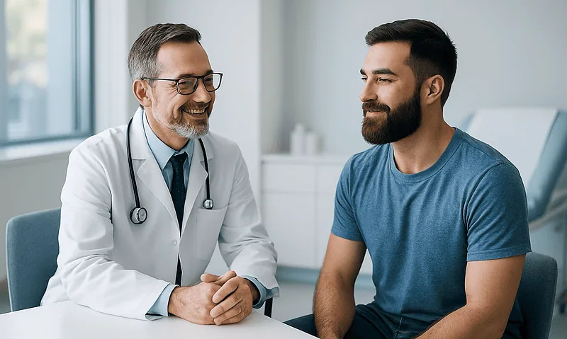 Doctor consulting with a young male patient in a medical office.
