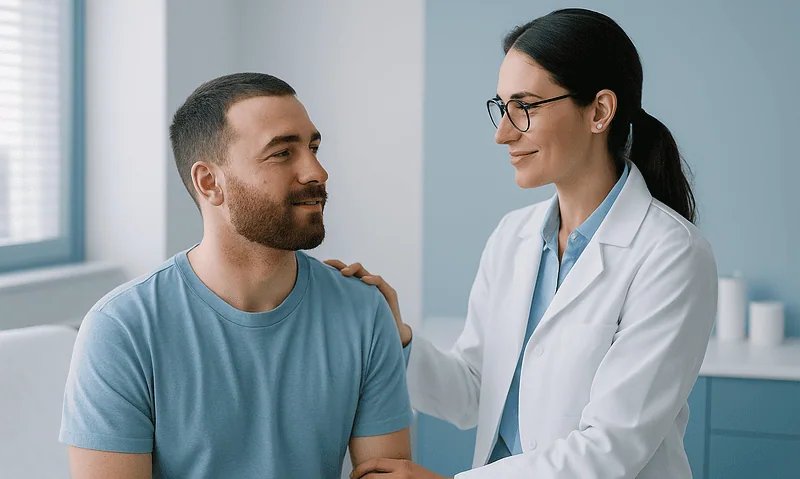 Doctor consulting with a male patient in a medical office.