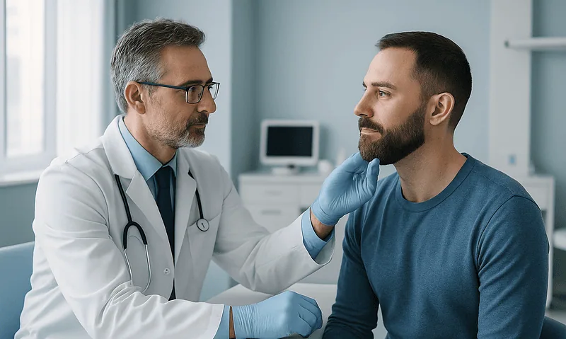 Doctor examining a man's beard in a medical consultation room.