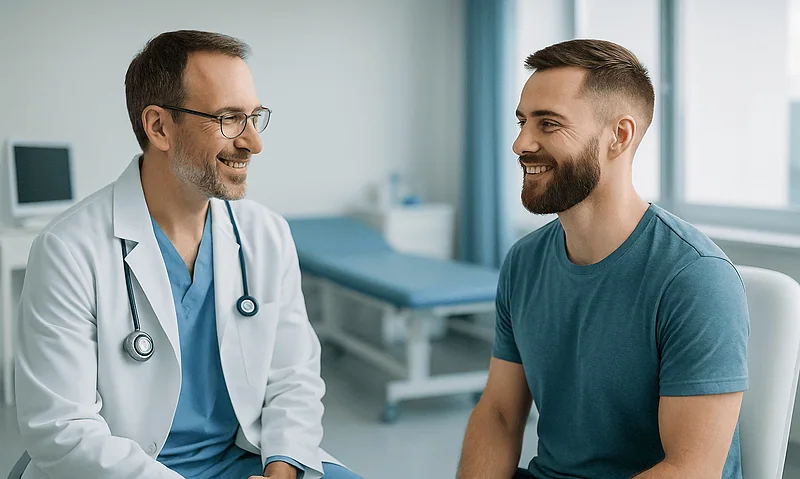 Doctor consulting with a young male patient in a medical office.