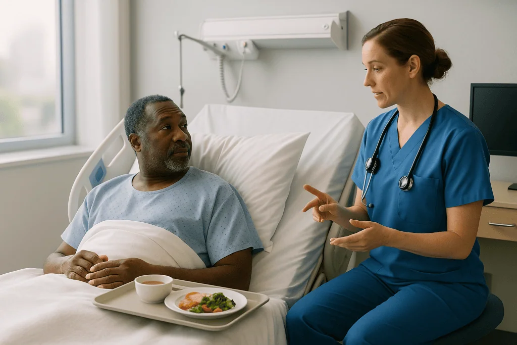 Nurse consulting with patient in hospital bed about meal: Bed rest after heart catheterization: why the numbers differ betwe