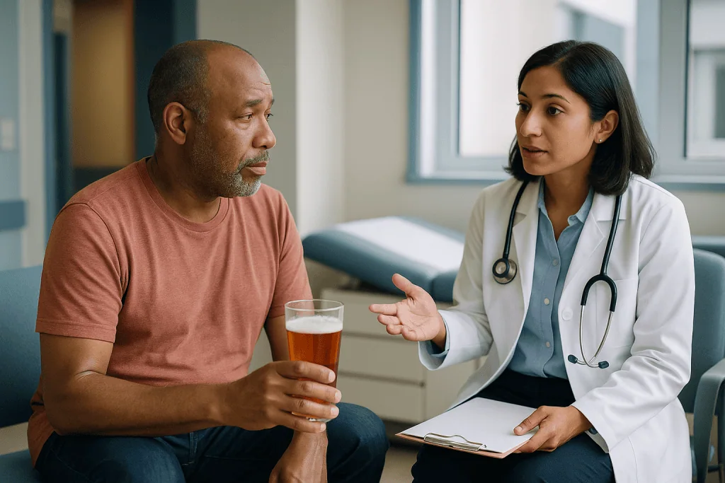 Doctor consulting male patient about dietary management: Beer, spirits, wine: does the type of drink matter?