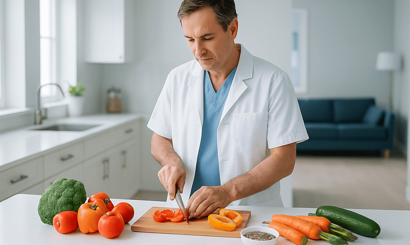 Doctor preparing vegetables in a modern kitchen for halitosis assessment.