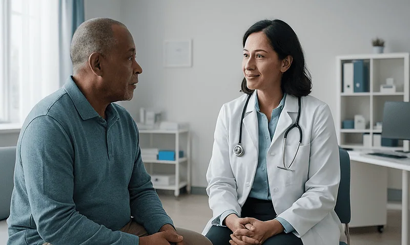 Doctor consulting with patient in a medical office setting.