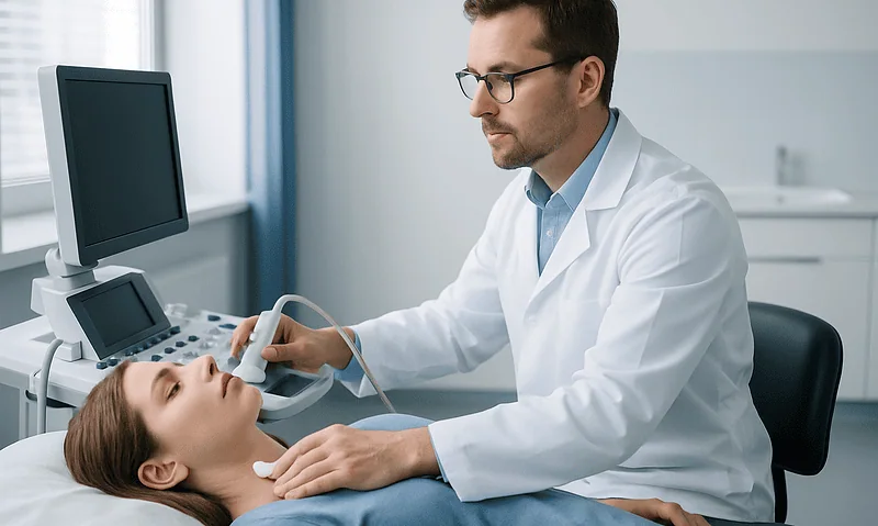 Doctor performing thyroid ultrasound on a patient in a clinical setting.