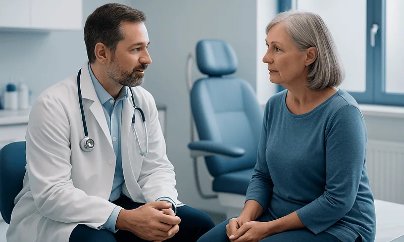 Doctor consulting with an older female patient in a medical office.