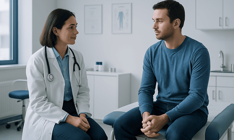 Doctor consulting with a patient in a medical office setting.