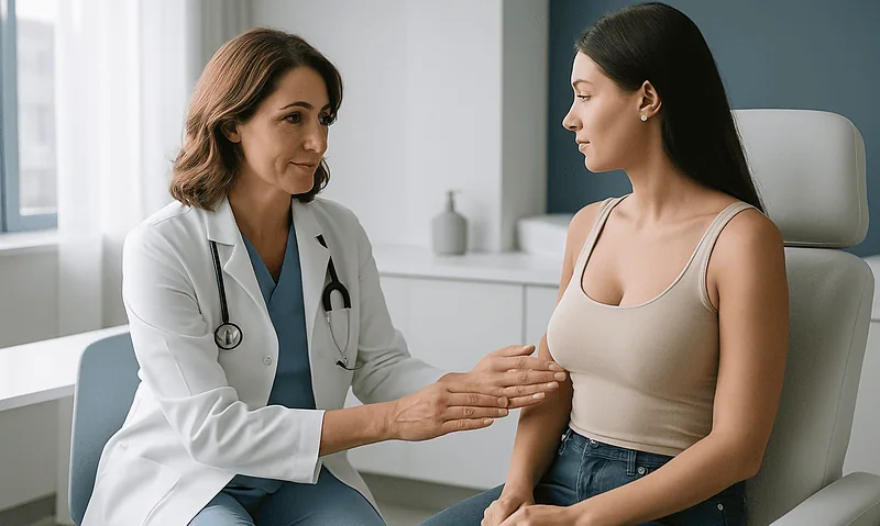 Doctor consulting with a patient about aesthetic breast surgery.