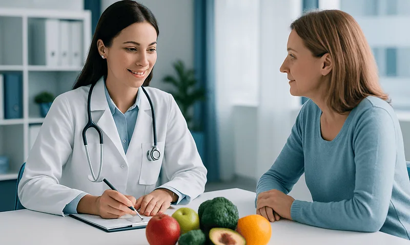 Doctor consulting with patient about diet and health before aesthetic filling procedures.