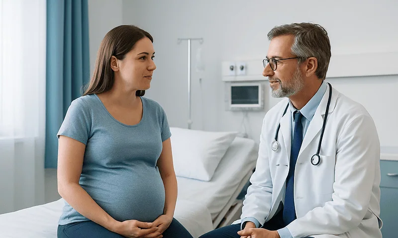 Pregnant woman consulting with a doctor in a hospital room.