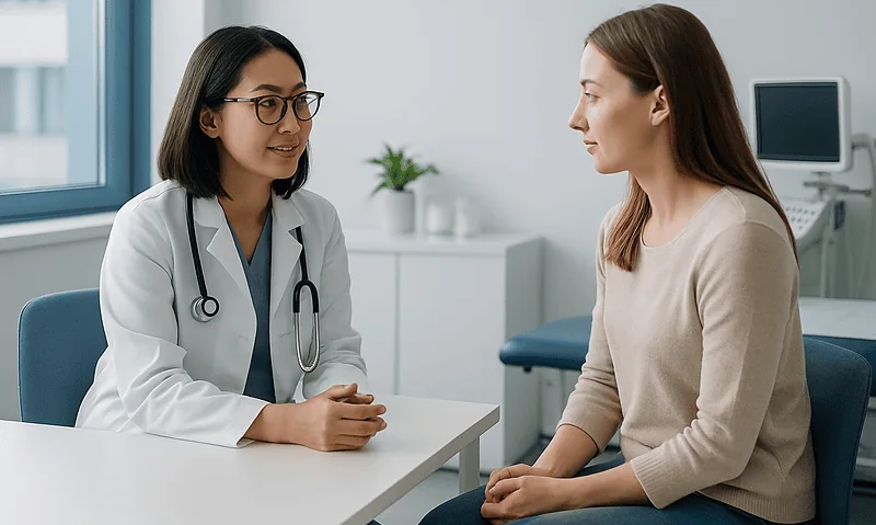 Doctor consulting with a patient in a modern medical office.