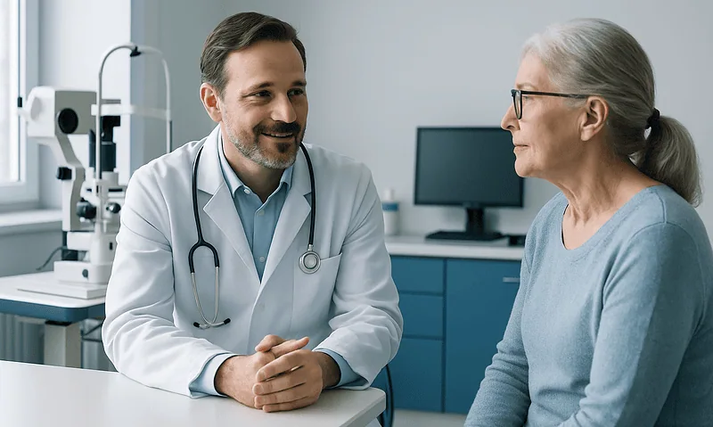 Ophthalmologist consulting with an elderly patient in a modern clinic.