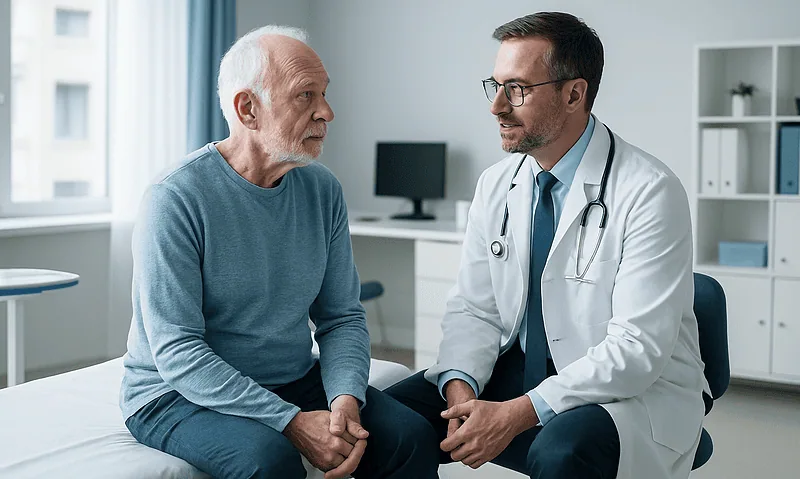 Doctor consulting with elderly male patient in a medical office.