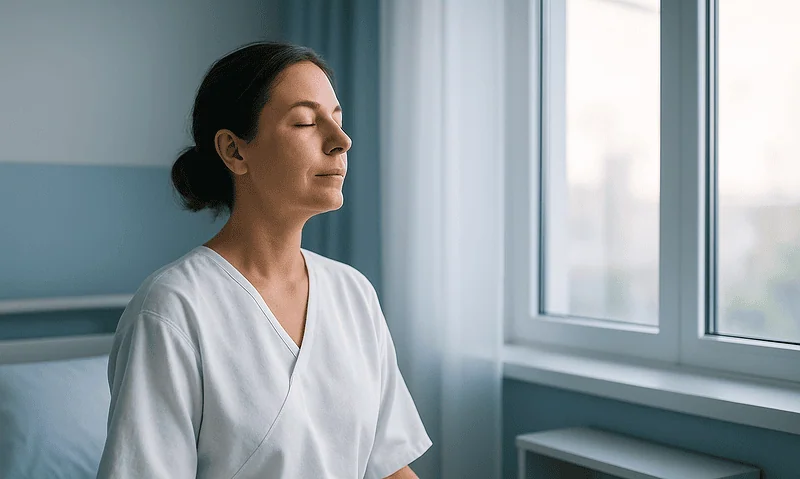 Woman meditating in a hospital room with natural light from the window.