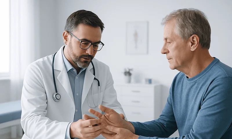 Doctor examining patient's hand in a consultation room.